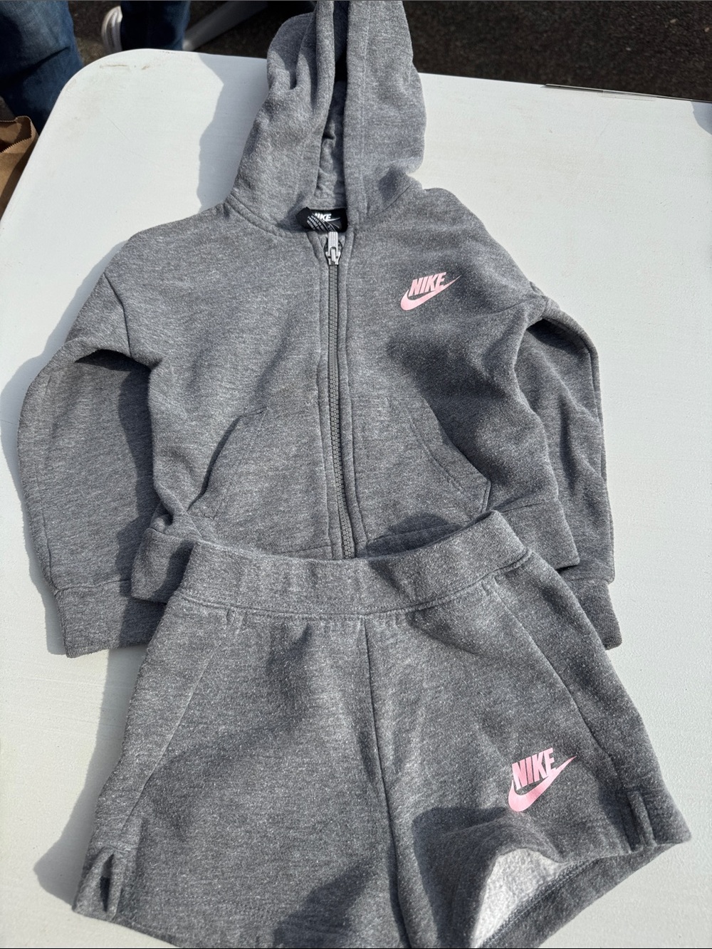 Nike Gray Zip Hoodie and Shorts Set with Pink Swoosh